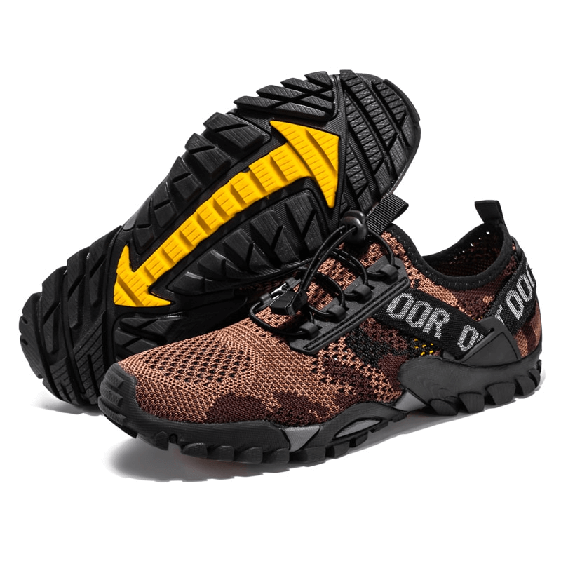 Soft Breathable Non-slip Trekking Sneakers for Men SF0820 with rubber outsole and lace-up closure in brown and black design.