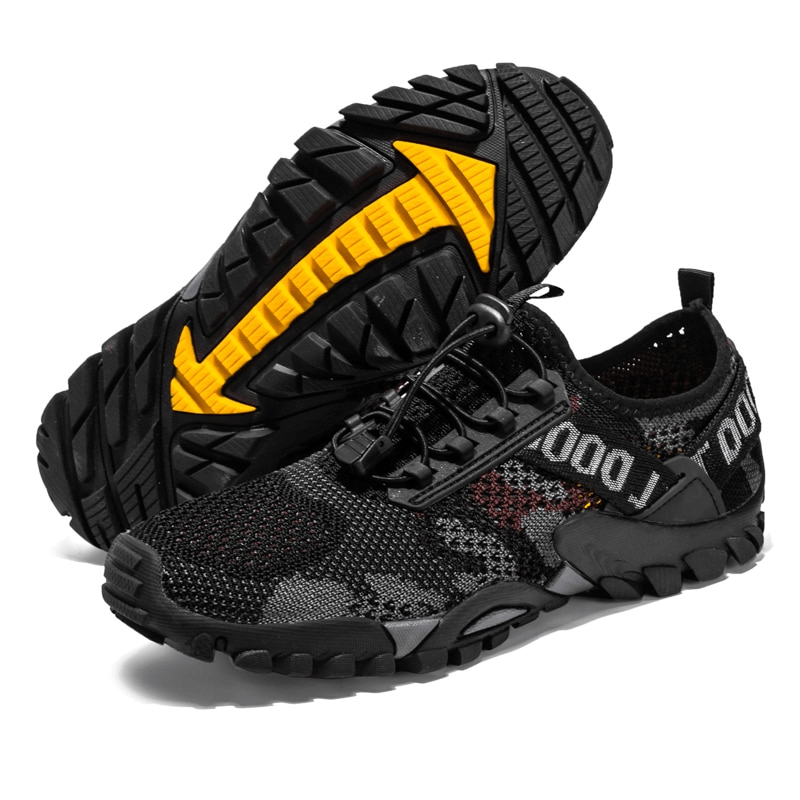Soft breathable non-slip trekking sneakers for men, featuring mesh upper, rubber outsole, and EVA insole for hiking, black color SF0820.
