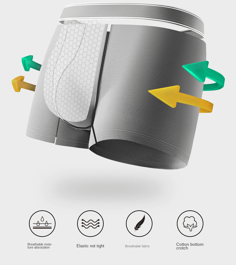 Gray soft cotton boxer shorts for men, showcasing breathable, stretchy fabric with colorful arrows, emphasizing comfort and style.