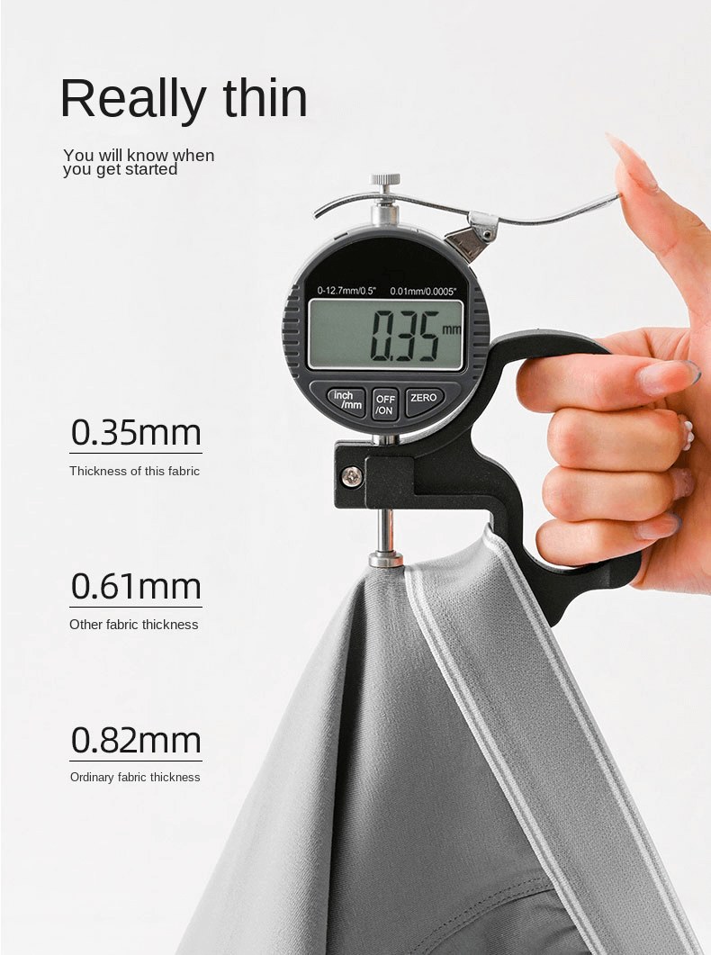 Digital caliper measuring fabric thickness, showing 0.35mm on a grey cloth. Comparison of fabric thicknesses 0.35mm, 0.61mm, 0.82mm.