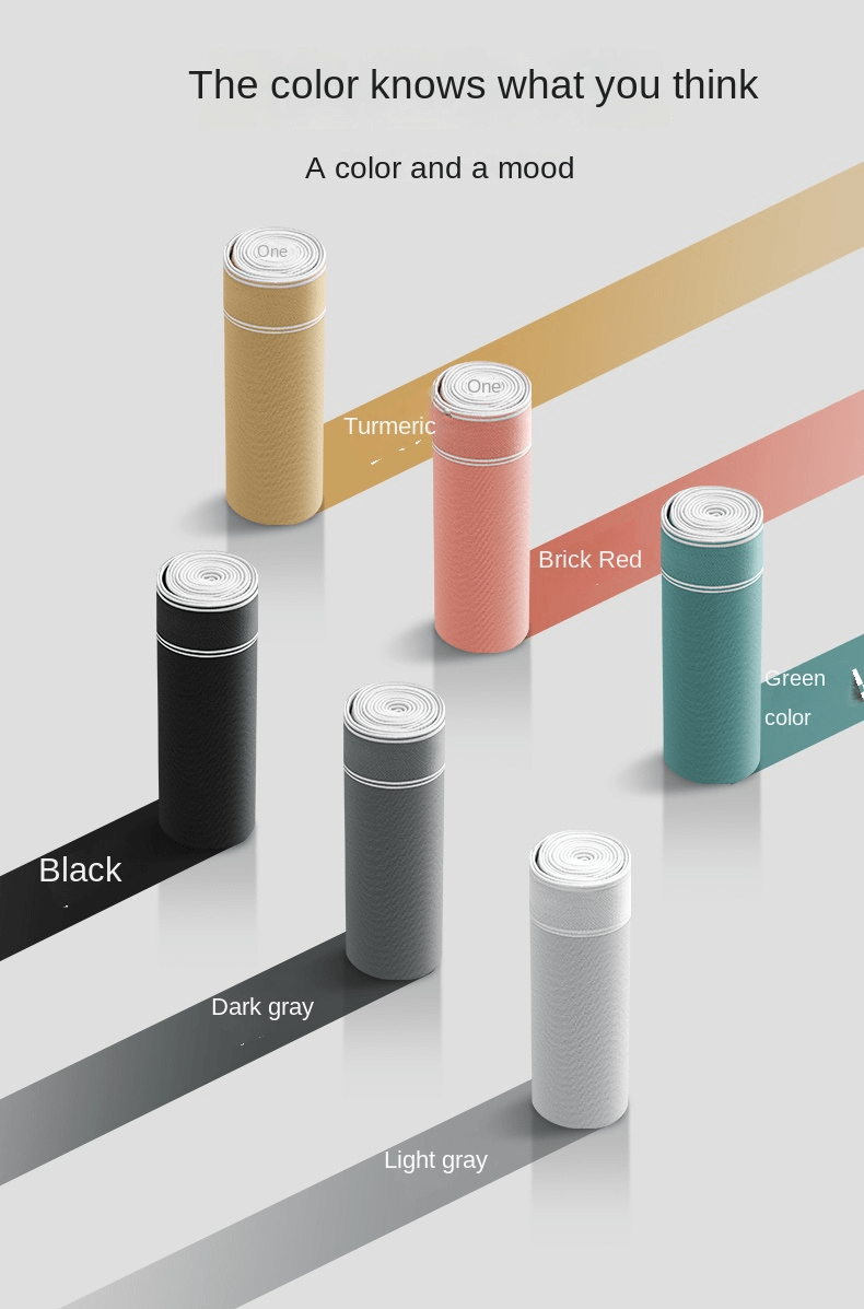 Colorful cylindrical containers in turmeric, brick red, green, black, dark gray, and light gray arranged with matching swatches.