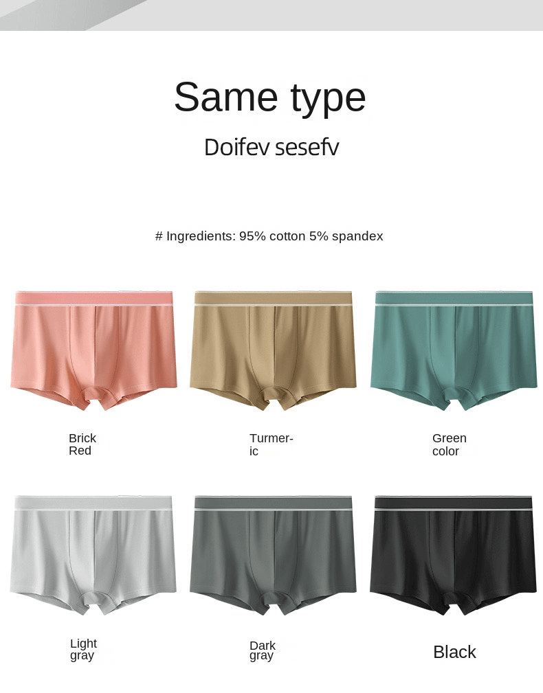 Collection of men's soft cotton boxers in various colors including brick red, turmeric, green, light gray, dark gray, and black.