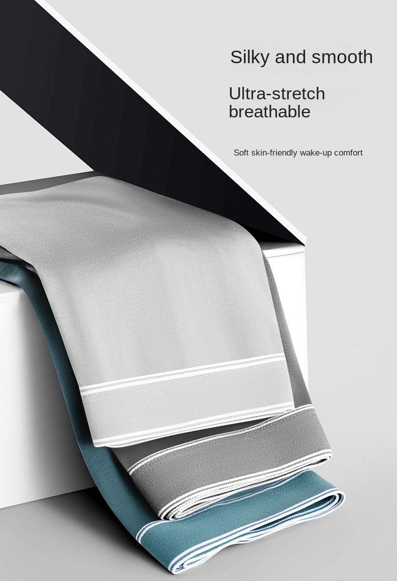 Silky smooth ultra-stretch breathable underpants in gray, teal, and blue, offering soft comfort for a refreshing start.