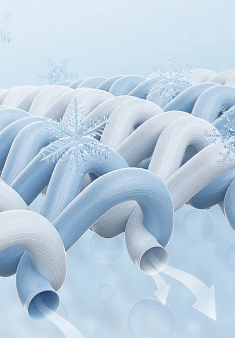 Close-up of soft, breathable cotton fibers with a cooling effect, perfect for cozy men's boxers, featuring snowflakes and airy loops.