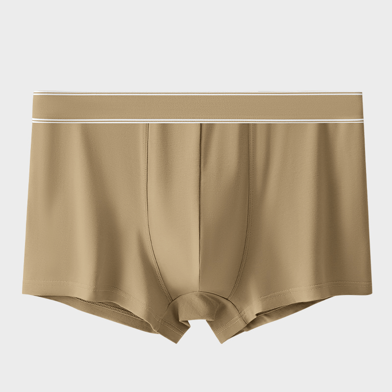 Soft cozy cotton boxers for men in earthy brown, featuring a middle-waisted fit for all-day breathable comfort.