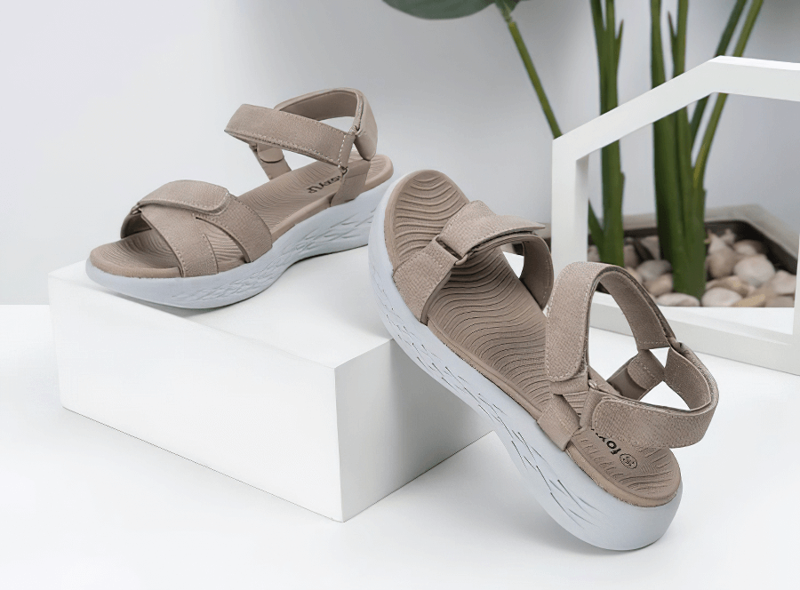 Soft sole wedge open sandals with breathable mesh, perfect for active women; light brown, with hook & loop closure, on display.