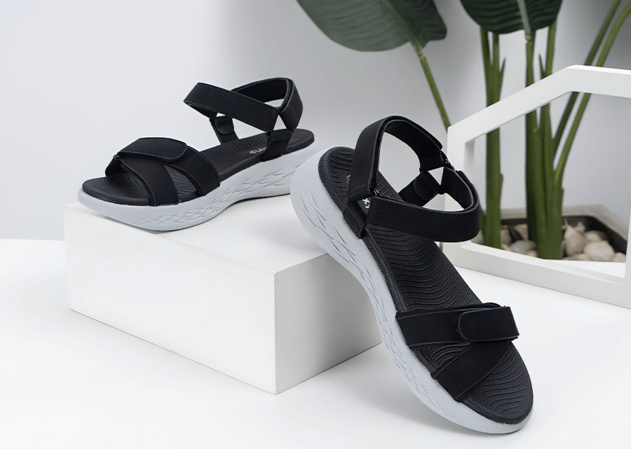 Black soft sole wedge open sandals for women, perfect for sports, featuring breathable mesh upper and durable rubber outsole.