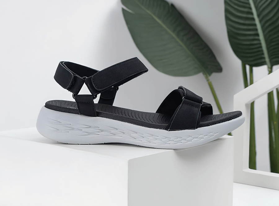 Soft sole wedge open sandals for women with breathable mesh, hook & loop closure. Perfect for active women seeking comfort and stability.