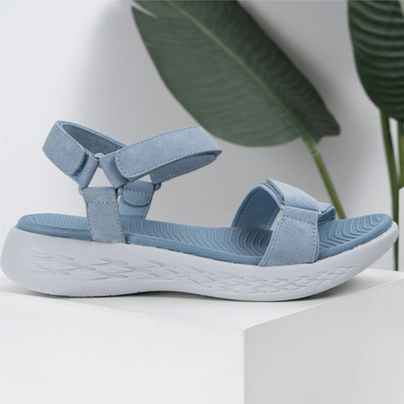 Soft Sole Wedge Open Sandals for Women in blue, featuring a breathable mesh upper, hook & loop closure, and durable rubber outsole.