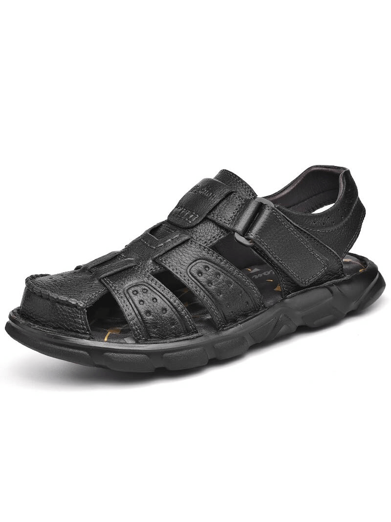 Soft Soles SF1080 black genuine leather trekking sandal with anti-collision toes, adjustable fit and rubber outsole for men.