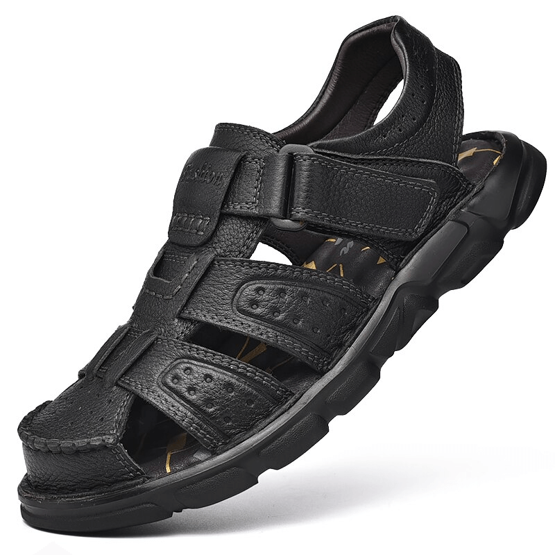 Soft Soles genuine leather trekking sandals with anti-collision toes, black color, adjustable fit, rubber outsole, men's footwear SF1080.