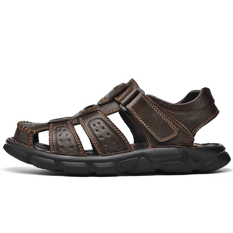 Men's genuine leather trekking sandals with soft soles and anti-collision toes, perfect for adventures and hikes, model SF1080.