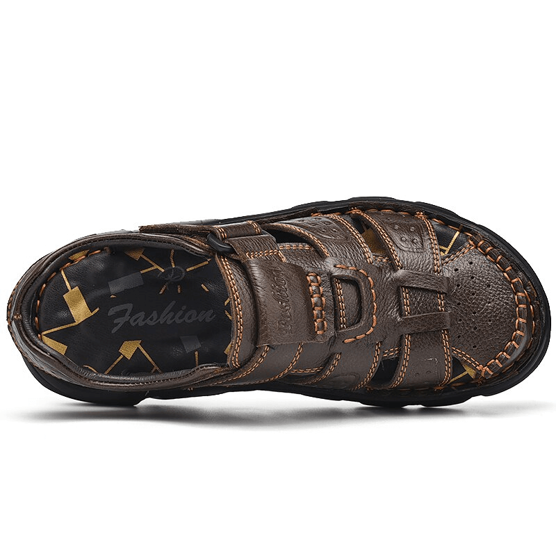 Brown leather trekking sandal for men with hook & loop closure, soft soles, and anti-collision toes, ideal for hiking - SF1080.