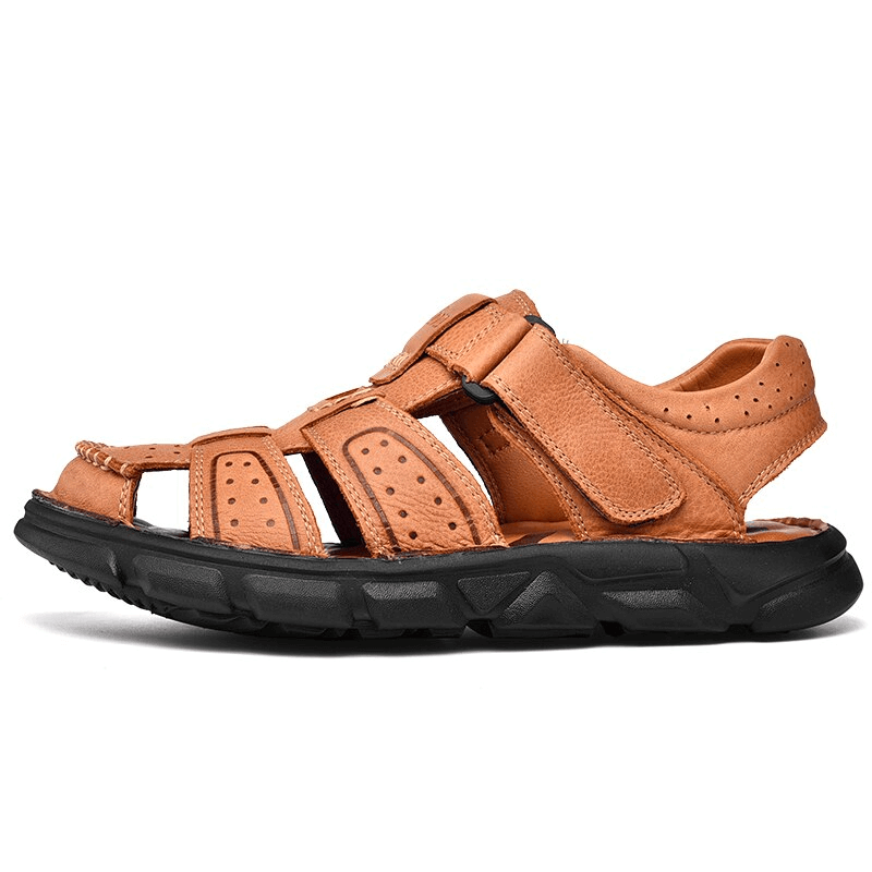 Soft Soles Genuine Leather Trekking Sandals with Anti-Collision Toes, adjustable hook & loop closure, and grippy rubber outsole for hiking.