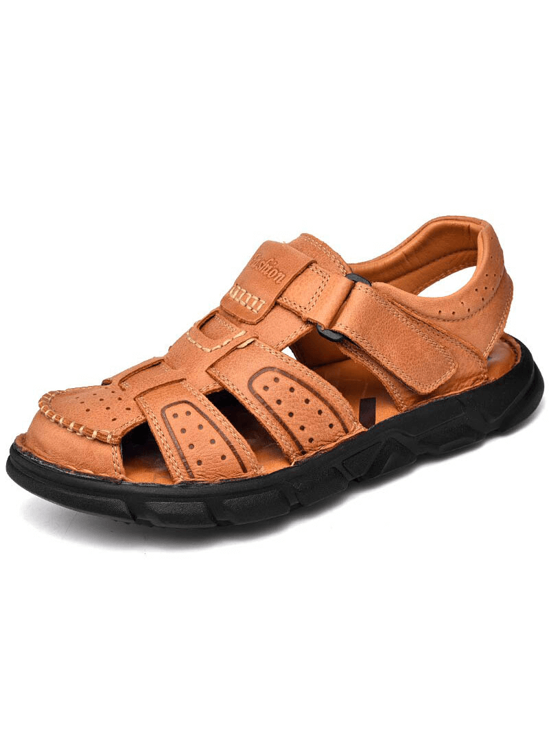 Soft Soles SF1080 genuine leather trekking sandal with anti-collision toes, adjustable fit, and non-slip rubber outsole for men.