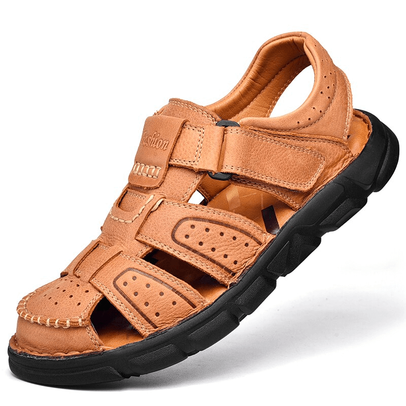 Soft Soles SF1080 men's leather trekking sandal with anti-collision toes, adjustable hook & loop, and durable rubber outsole.