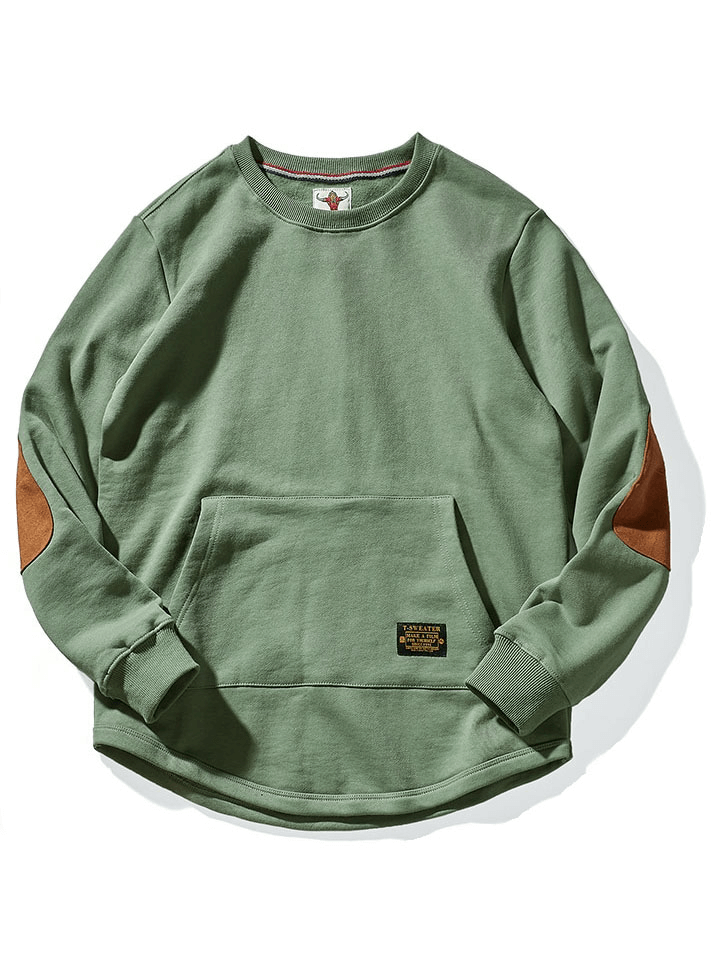 Solid color kangaroo pocket sweatshirt with round neck and full sleeves, ideal for warmth and casual style in a green shade.