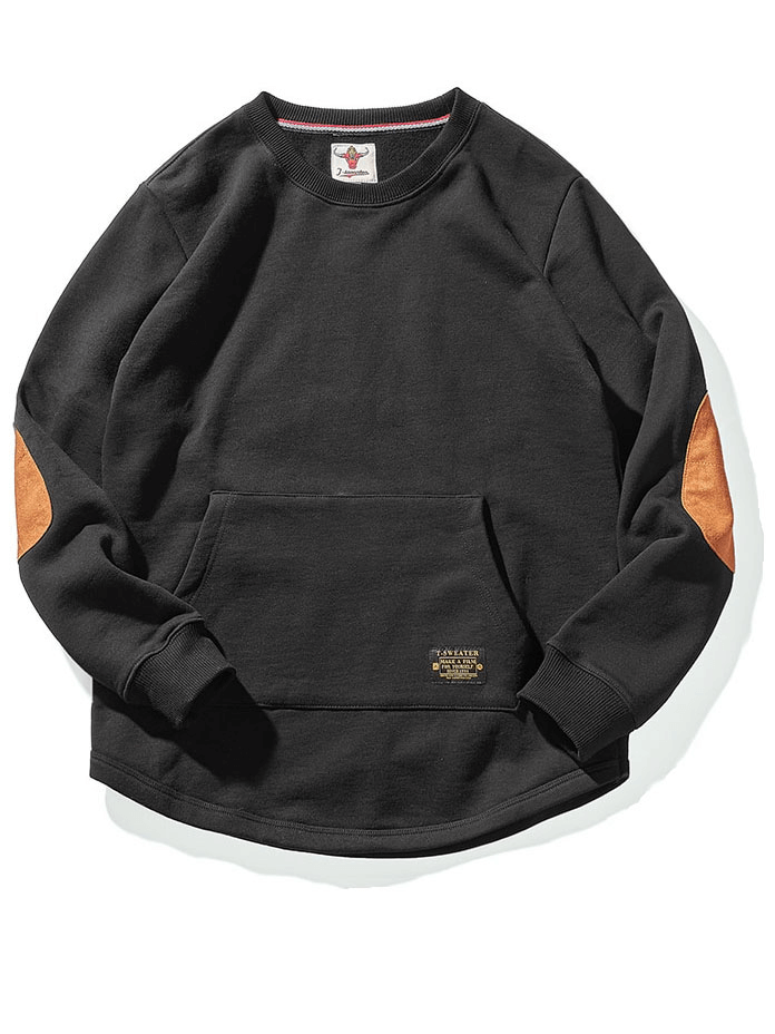 Solid color round neck sweatshirt with kangaroo pocket, full sleeve, and elbow patches, perfect for staying warm and stylish.