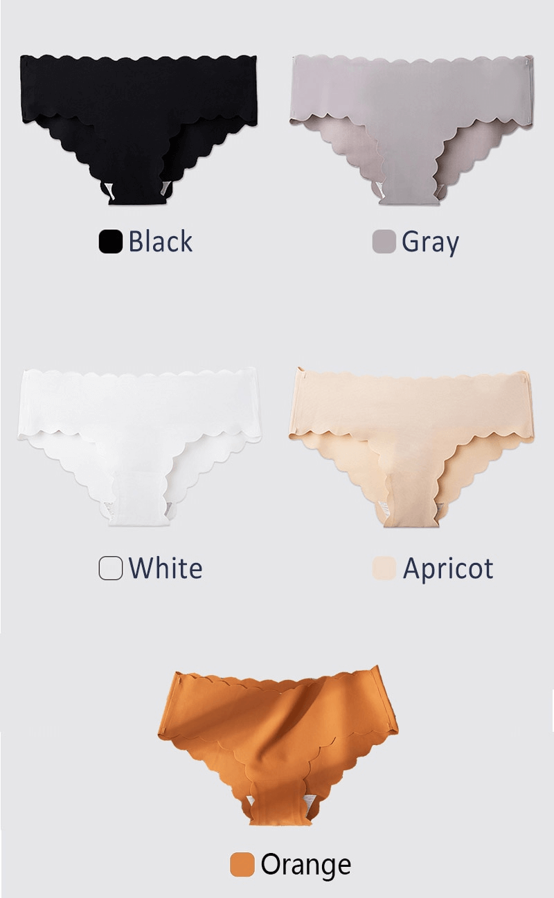 Solid color low waist ruffle stretch briefs in black, gray, white, apricot, and orange showcasing seamless underwear variety.