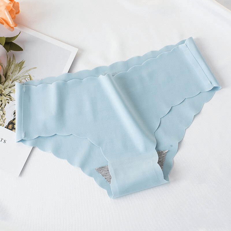 Light blue low waist ruffle stretch briefs with seamless design on white background, showcasing scalloped edges and soft fabric texture.