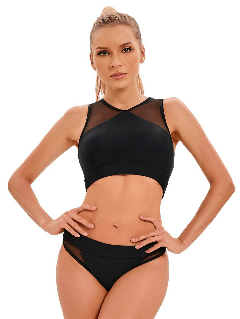 Female model wearing black solid color mesh bikini set, featuring a transparent backless design and patchwork mesh fabric.
