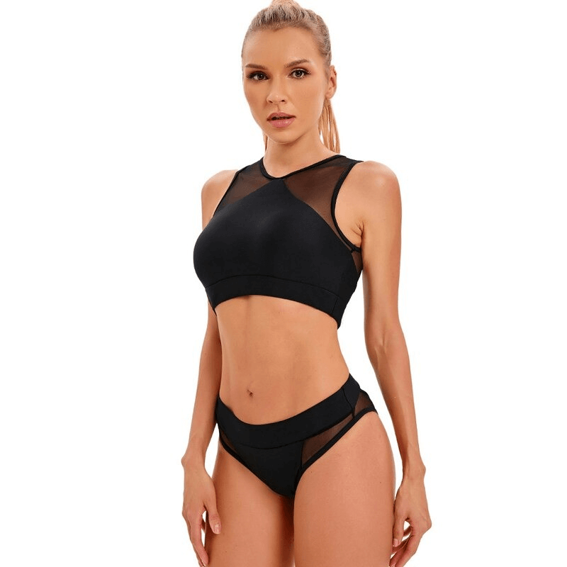 Solid color mesh bikini set with transparent backless design, model wearing stylish beachwear, comfortable spandex/polyester fit.