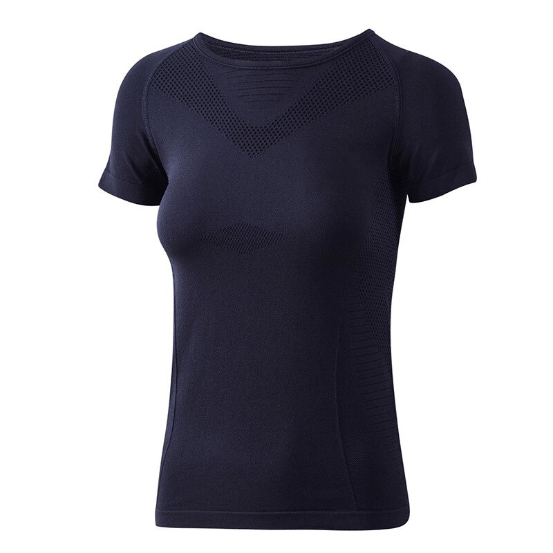 Solid color quick-drying sports t-shirt for women, ideal for yoga, made of breathable nylon and spandex, short sleeves, in black.