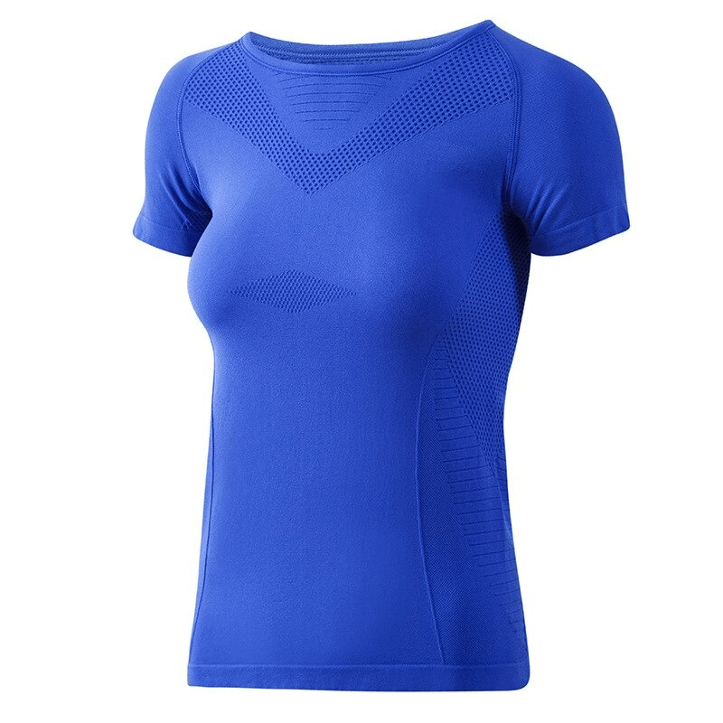 Women's blue quick-drying sports t-shirt for yoga, featuring breathable nylon-spandex fabric and short sleeves for comfort.