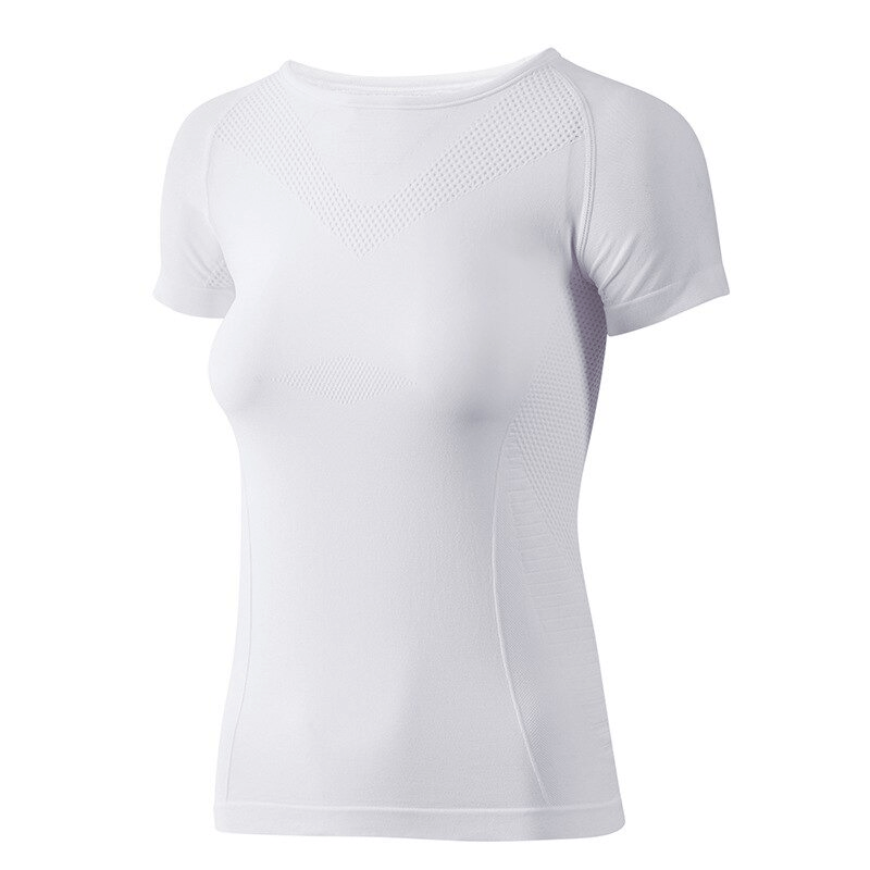 White solid color quick-drying sports short sleeve t-shirt for women, ideal for yoga and outdoor activities.