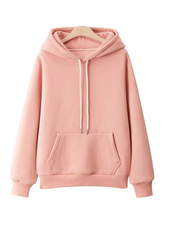 Solid color women's loose pink hoodie with long sleeves and front pockets, perfect blend of synthetic fiber and cotton for comfort.