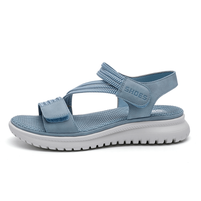 Light blue sport women's soft sandals with Velcro, featuring a PU leather upper and comfortable cushioned sole. Fashionable and breathable.