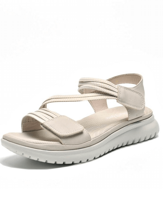 Sport Women's Soft Sandals with Velcro in beige, featuring PU leather upper and TPR outsole with flat heel for comfort and style.