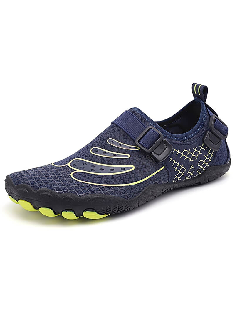 Unisex sports aqua shoe with synthetic upper and TPR outsole, ideal for swimming, water sports, and hiking, in blue and yellow design.