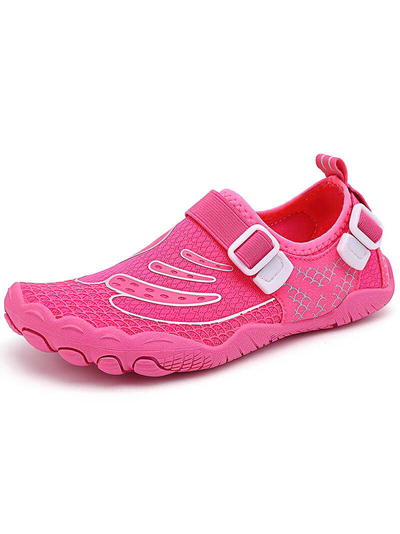 Pink sports aqua shoe with synthetic upper, ideal for swimming, hiking, and water sports. Lightweight and breathable design for unisex use.