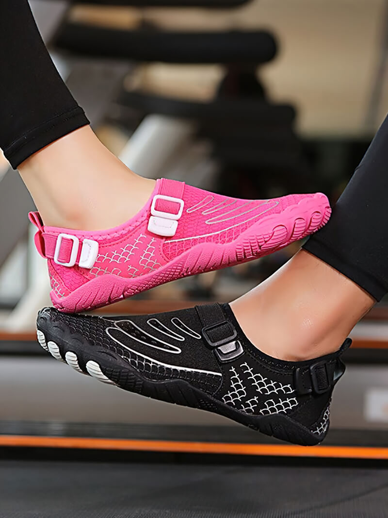 Pink and black unisex sports aqua shoes for swimming, hiking, and water sports with a synthetic upper and TPR outsole.
