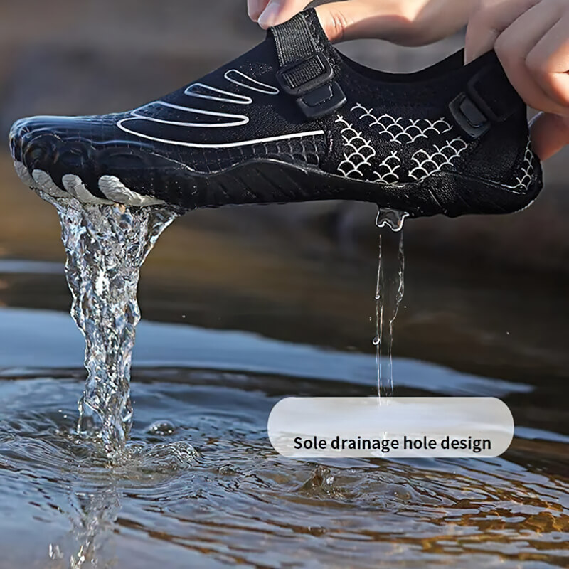 Unisex swim shoes with drainage hole design for water sports and hiking, shown draining water, featuring breathable, lightweight material.