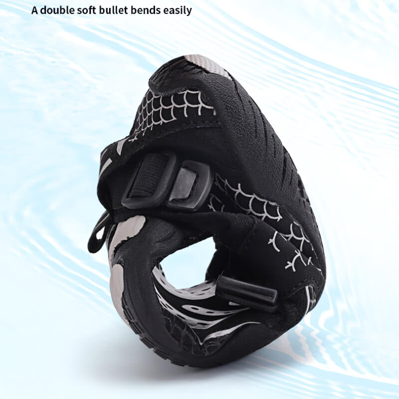 Black sports aqua shoes with flexible sole, perfect for swimming and hiking. Features synthetic upper and breathable design for comfort.