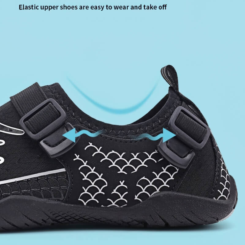 Black sports aqua shoe with elastic upper and TPR outsole, featuring a synthetic design ideal for swimming and outdoor activities for men and women.