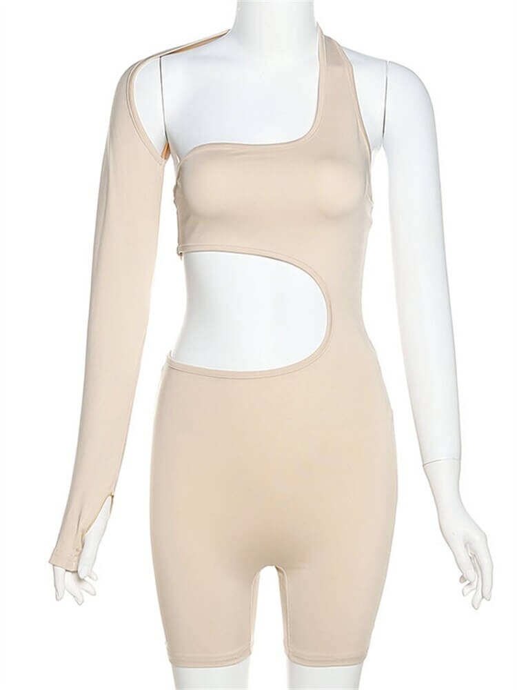 Beige asymmetrical high waist romper for women, featuring single sleeve and cut-out design. Ideal for sporty streetwear.
