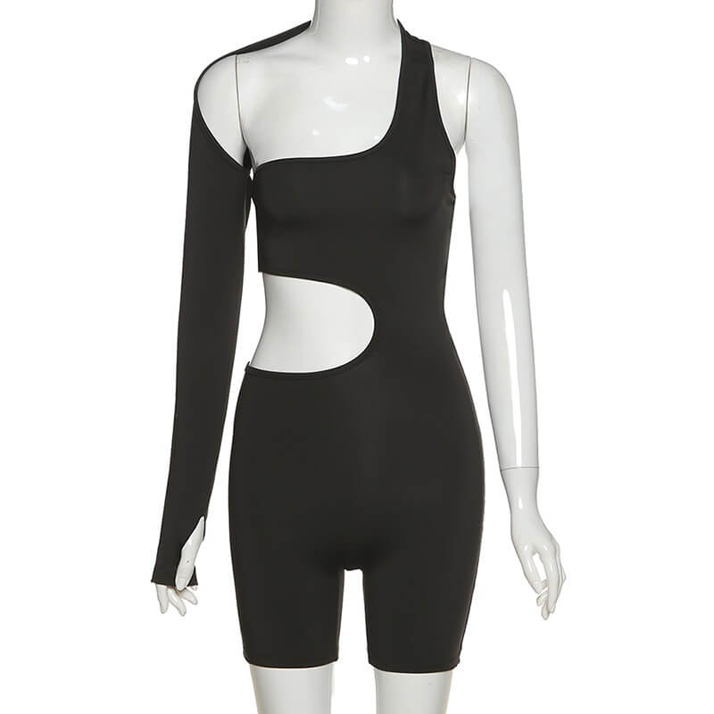 Sports Asymmetrical Elastic High Waist Romper for Women, featuring a trendy one-sleeve cut and slimming fit, SKU SF1032