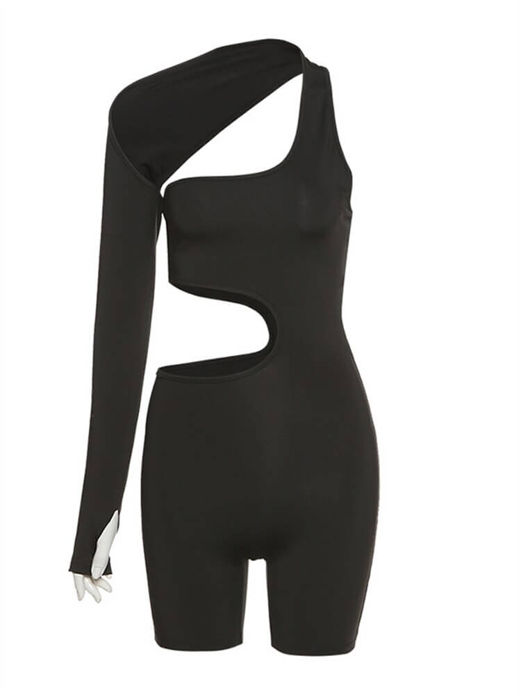 Black asymmetrical high-waist sports romper for women with one long sleeve and cutout detailing, ideal for streetwear and casual occasions.