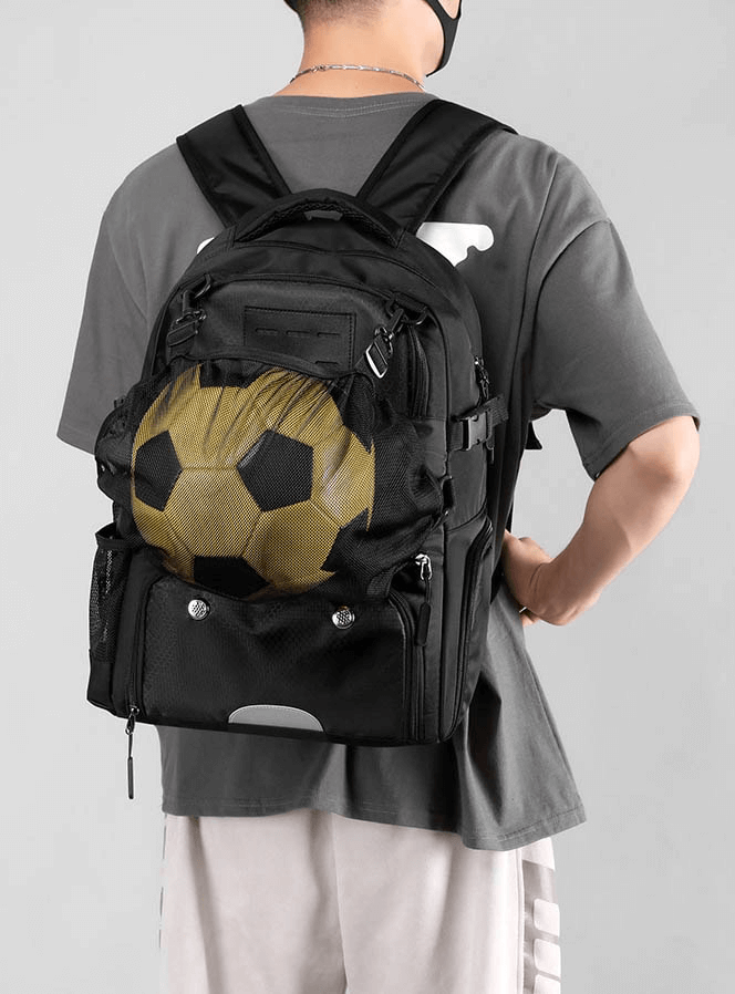 Unisex sports backpack with shoe compartment, detachable net pocket, and soccer ball, featuring adjustable shoulder straps.