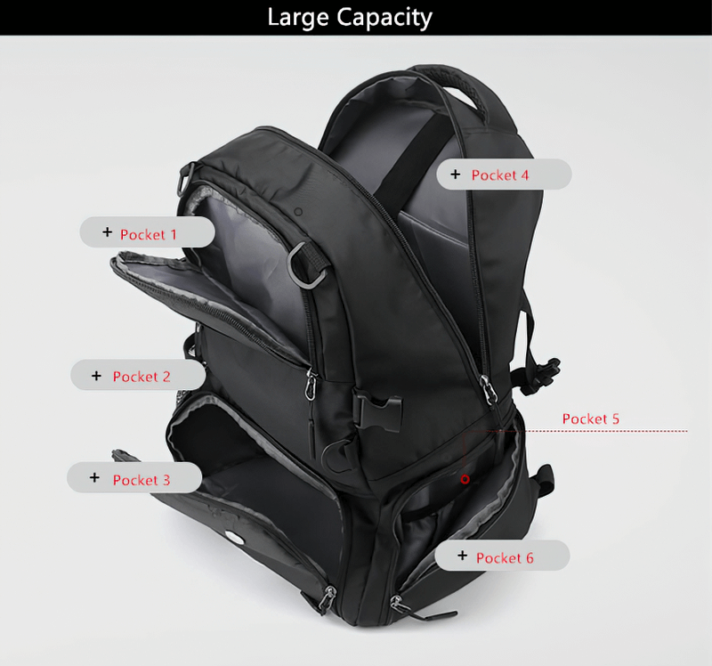 Black sports backpack with multiple labeled pockets, showing large capacity and practical compartments for gear organization.