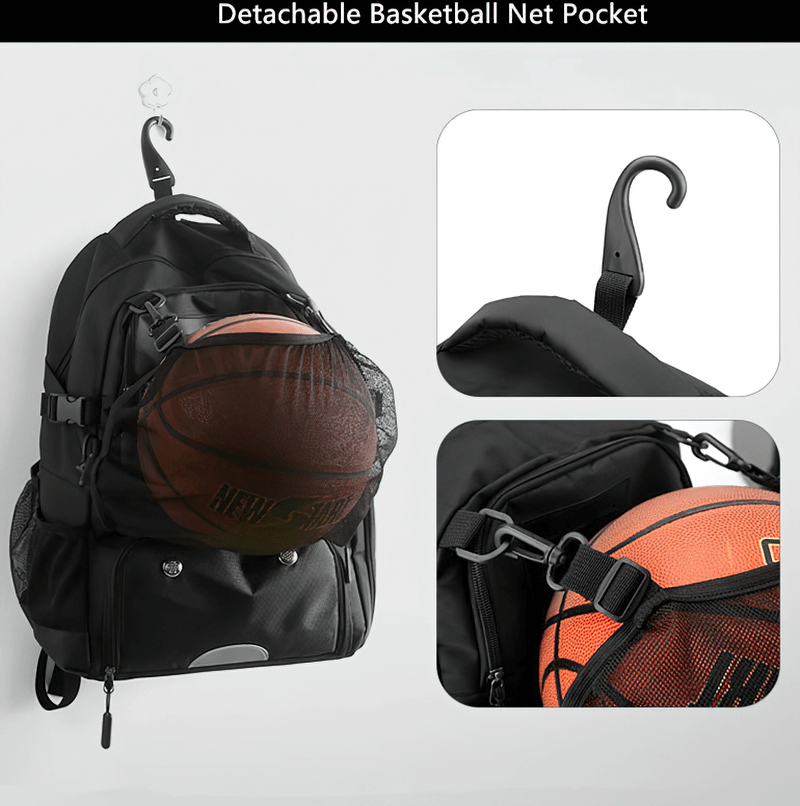 Sports backpack with shoe compartment and detachable net pocket carrying basketball, showcasing practical features and sporty design.