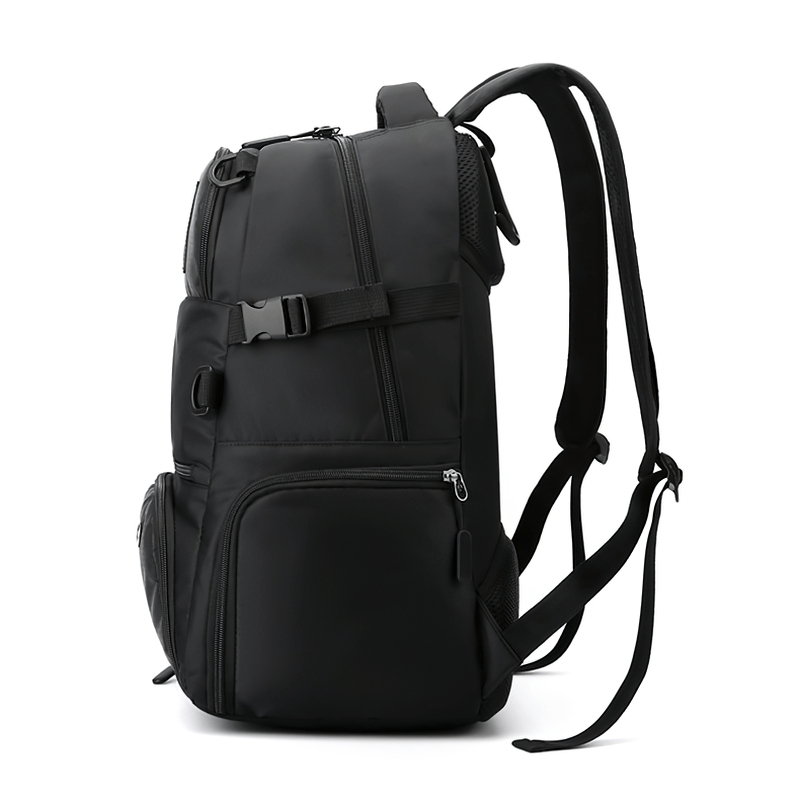 Sleek black sports backpack with shoe compartment and detachable net pocket, perfect for active lifestyles and travel.
