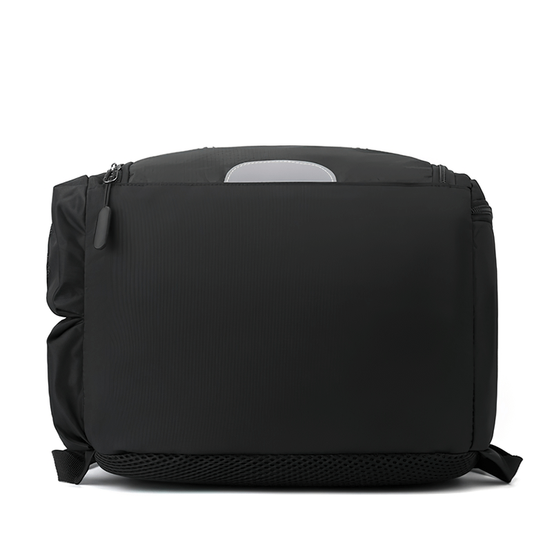 Sleek black sports backpack with shoe compartment, detachable net pocket, and adjustable strap, perfect for active use. Model: SF0808.