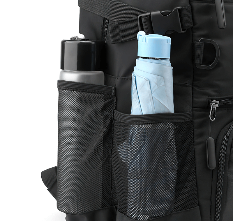 Close-up of sports backpack with compartments holding a water bottle and umbrella, featuring detachable net pocket SF0808.