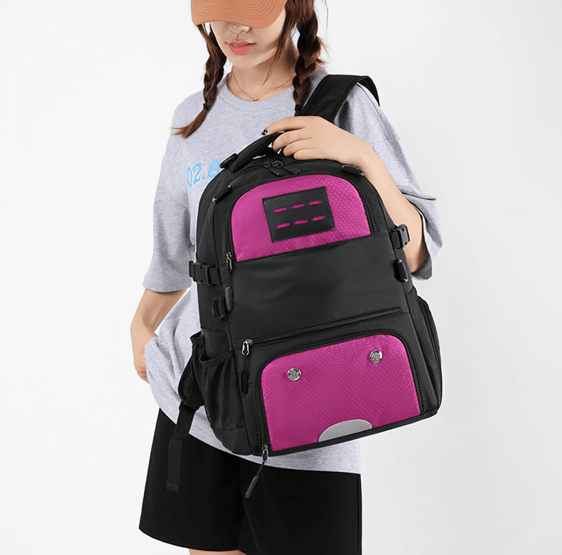 Unisex sports backpack SF0808 with shoe compartment and net pocket, featuring waterproof material and adjustable straps, shown in use.