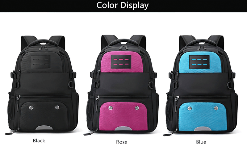 "Sports backpack color display: Black, Rose, Blue options, featuring shoe compartment and detachable net pocket."