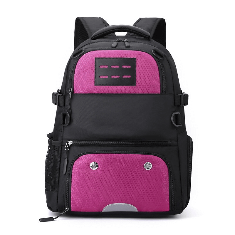 Black and pink sports backpack with shoe compartment and detachable net pocket, ideal for active lifestyles. Model SF0808.